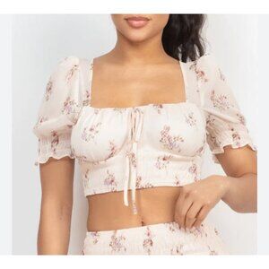 Iris cropped floral print puff sleeve off white corset style top SZ SM